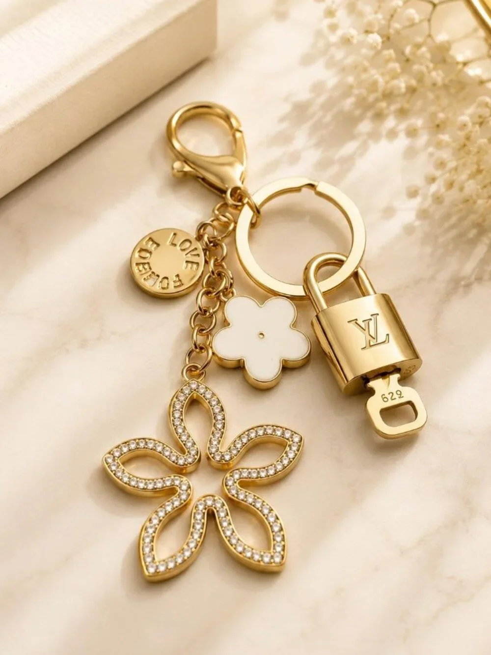 Louis Vuitton Gold & White Flower Keychain Charm